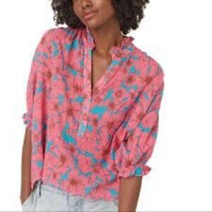 XIRENA Cam Floral Cotton Gauze Top Women's L Formentera Pink Boho 3/4 Sleeves